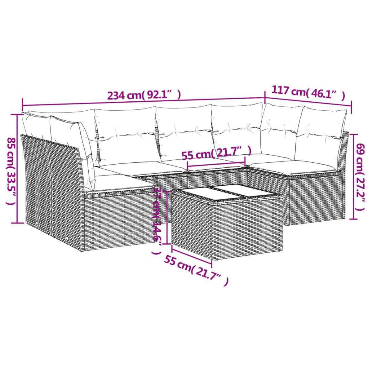 Diagramma di un divano componibile in rattan grigio con dimensioni in centimetri e pollici.