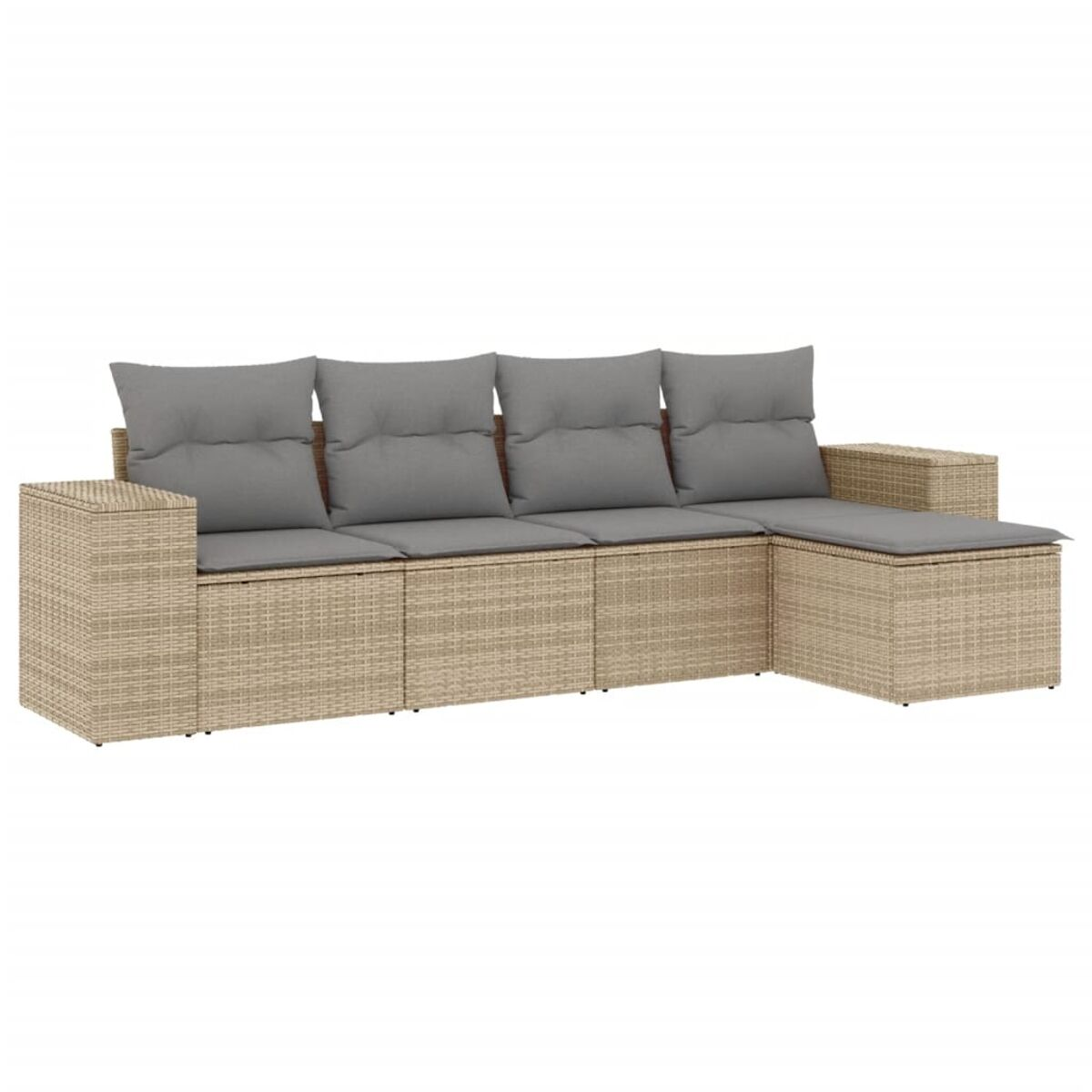 Beiges Rattan-Ecksofa mit grauen Kissen. Das Sofa hat eine L-Form mit einer langen Seite.