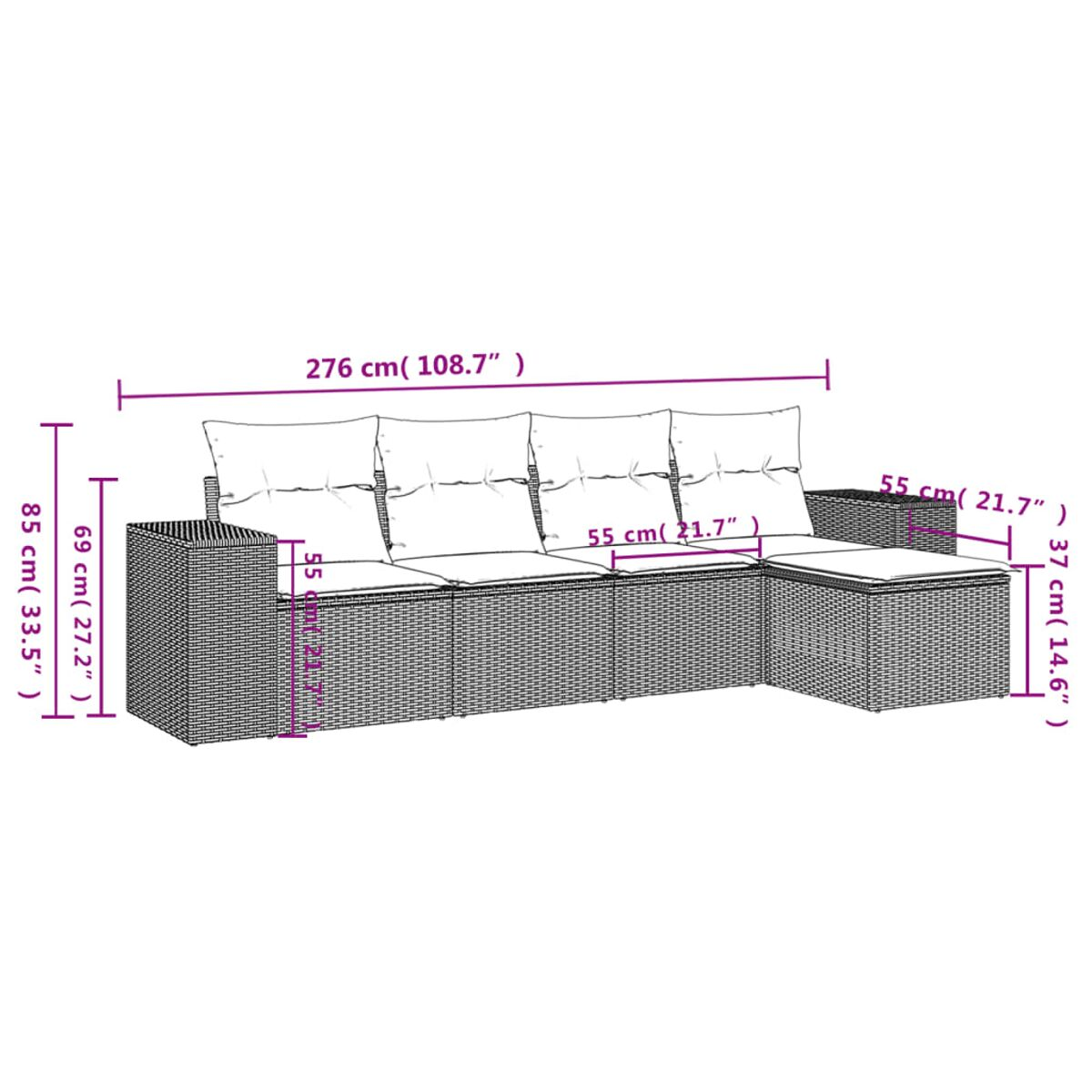 Diagramm eines braunen Outdoor-Sektionssofas aus Korbgeflecht mit Abmessungen.