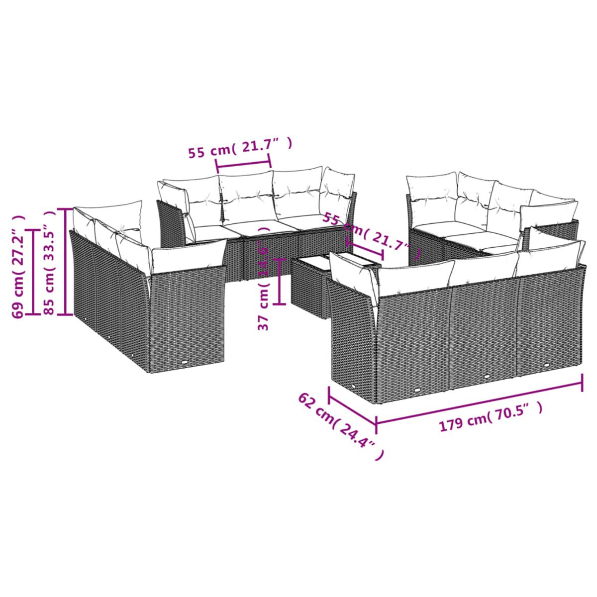 Diagramma di un divano componibile con dimensioni in centimetri e pollici, che mostra le dimensioni del divano.