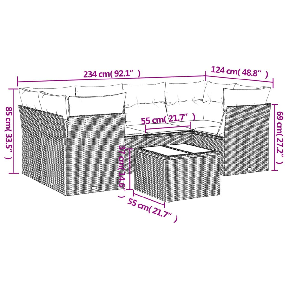 Diagramma di un set divano esterno in rattan con dimensioni in centimetri e pollici su sfondo bianco.