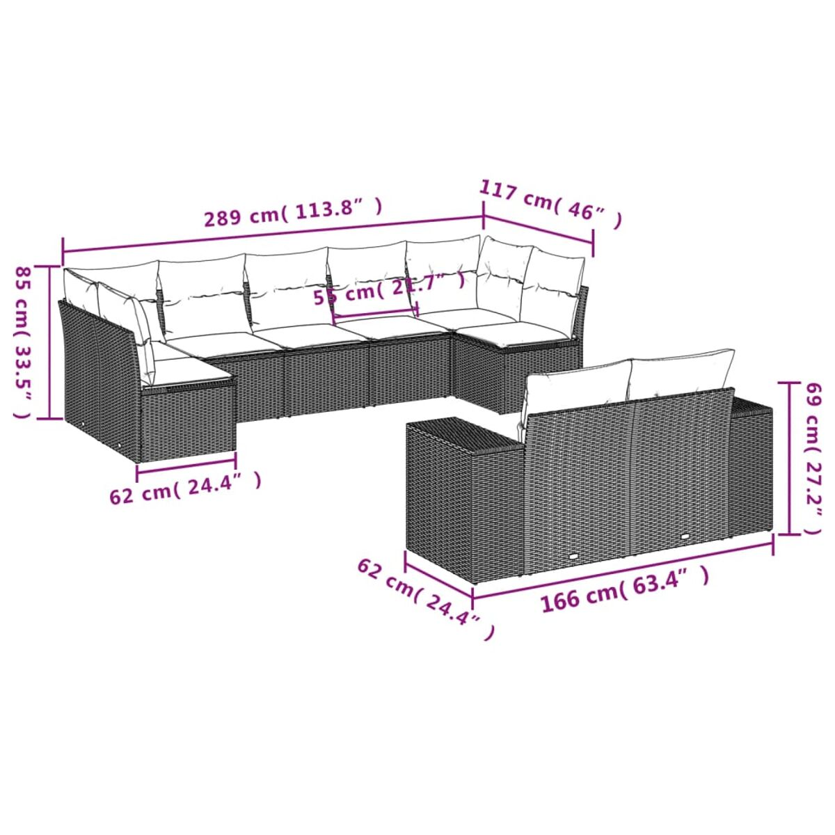 Rattan-Ecksofa mit weißen Kissen, Maße markiert. Enthält ein separates Sofateil.