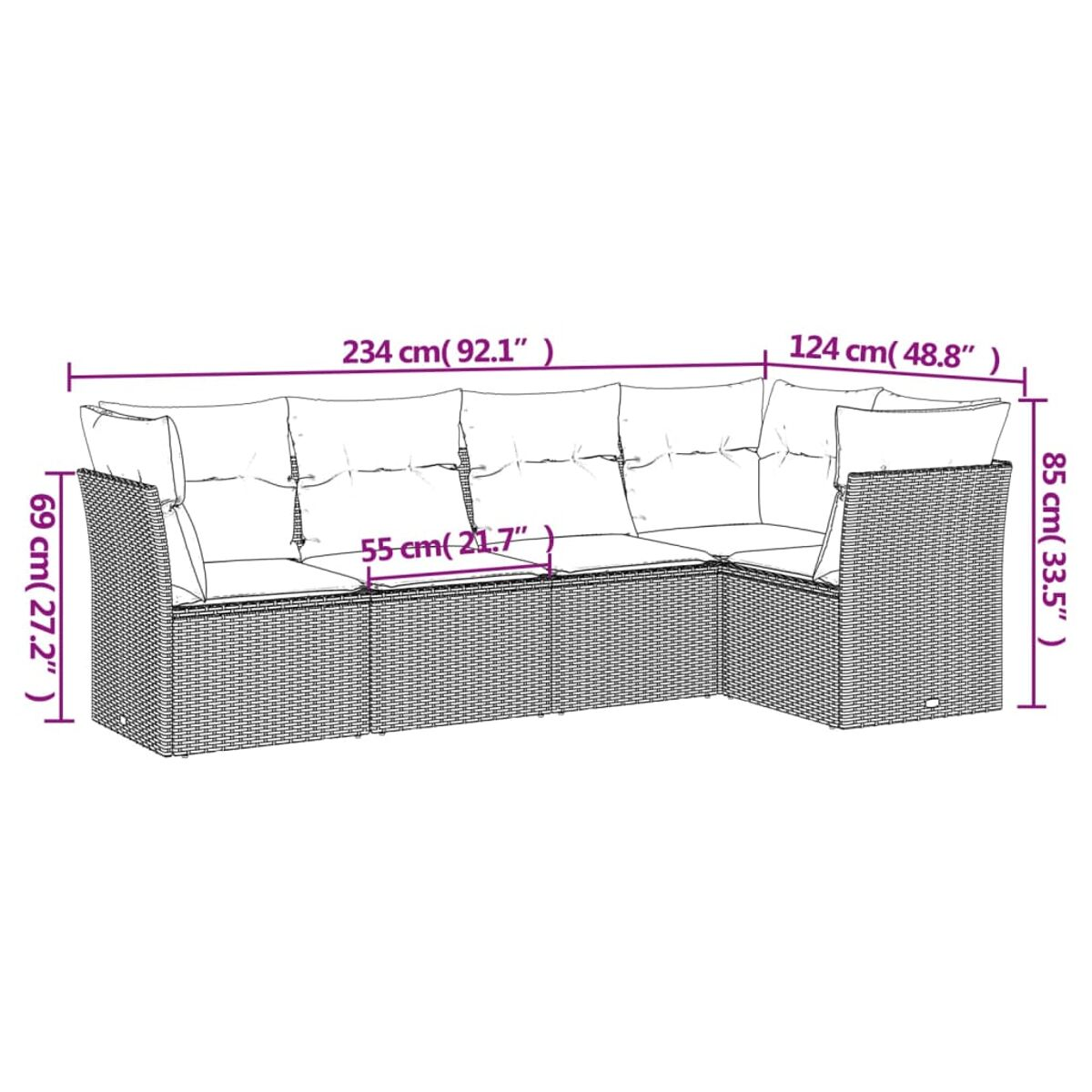 Diagramm eines Ecksofas mit Abmessungen in cm.