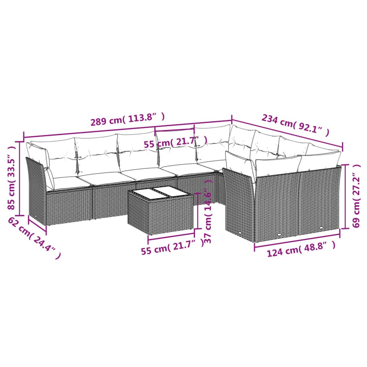 Diagramma di un divano componibile con dimensioni in cm e pollici, incluso un tavolino.
