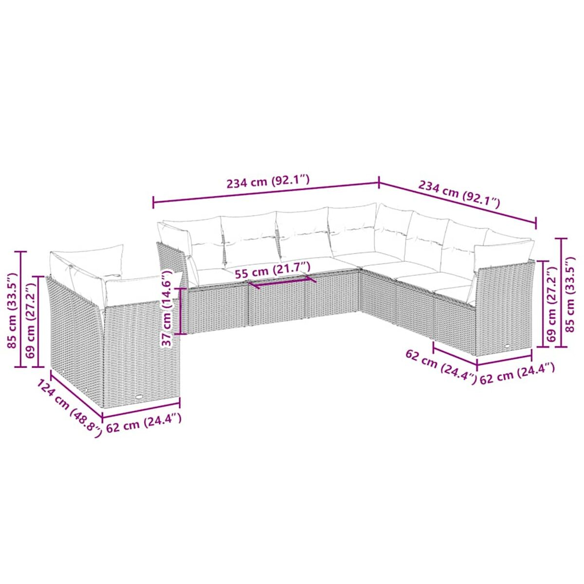 Diagramm eines Rattansofa-Sets mit Maßen, das eine U-förmige Konfiguration zeigt.