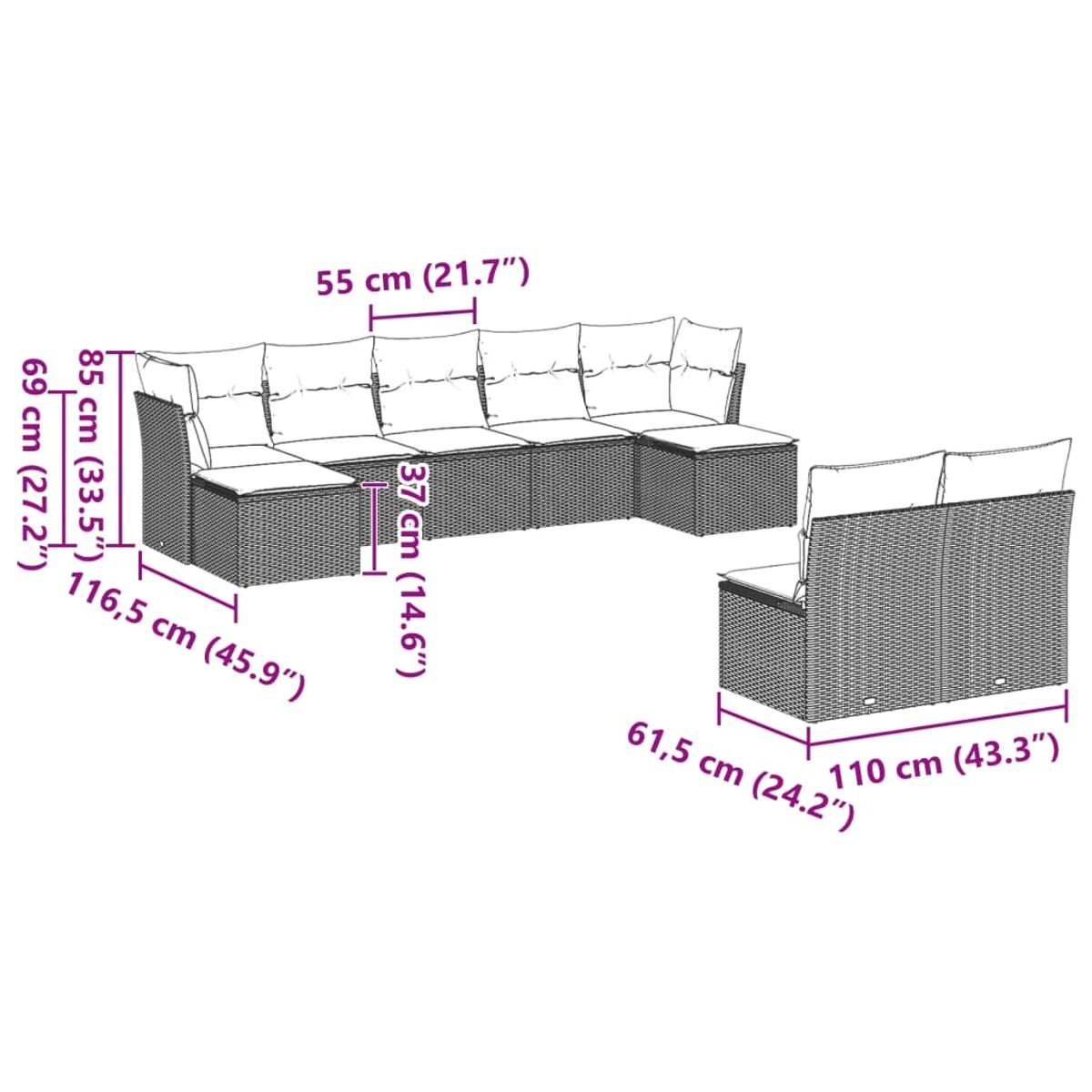 Ecksofa aus Korbgeflecht mit Kissen und einem kleinen Tisch. Abmessungen beschriftet.