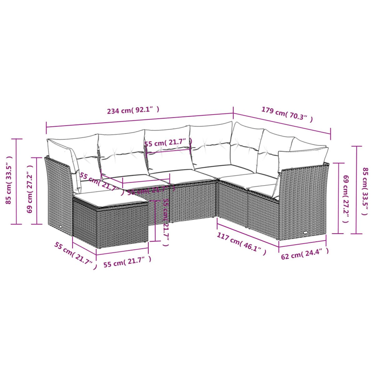Diagramm zeigt Abmessungen eines Ecksofas aus Korbgeflecht mit Kissen. Maße in Zentimetern sichtbar.