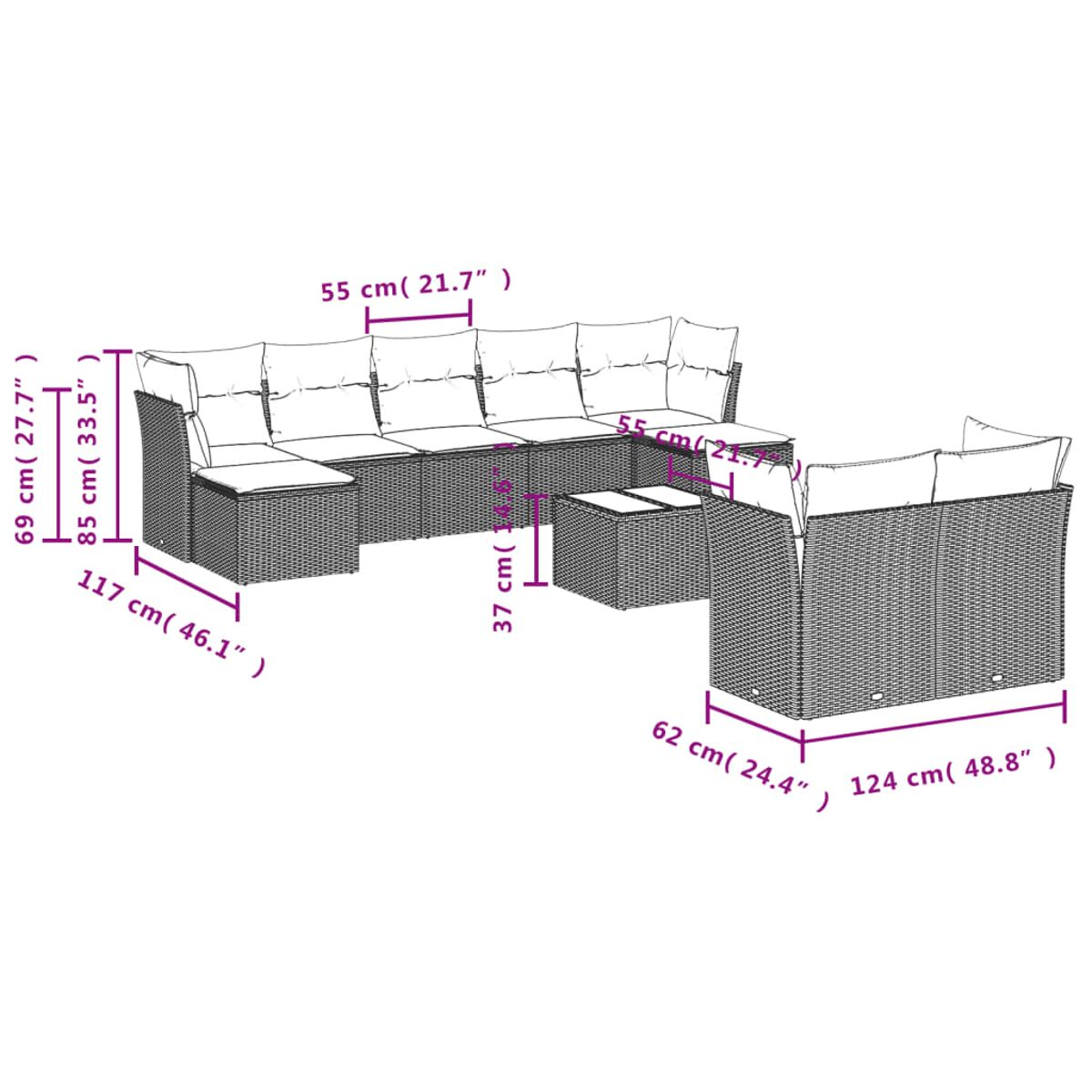 Diagramma di un divano componibile e un tavolo con dimensioni. Rattan grigio con cuscini bianchi.