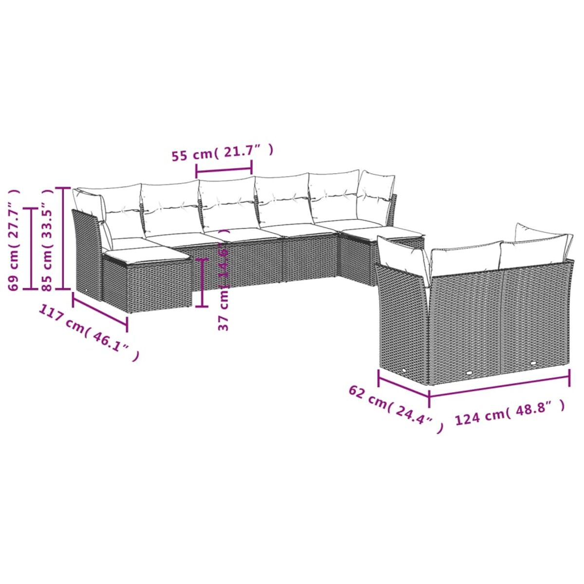 Geflochtenes Terrassenmöbelset mit Maßen, auf weißem Hintergrund.
