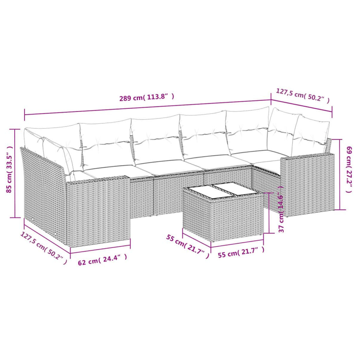 Diagramma di un divano componibile da esterno e tavolo con dimensioni etichettate.