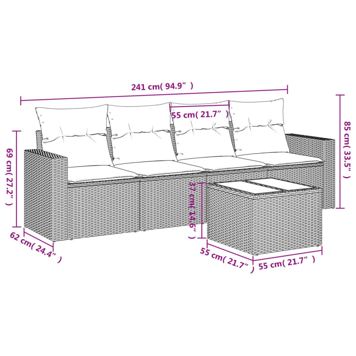 Set divano in rattan con cuscini e tavolino su sfondo bianco.