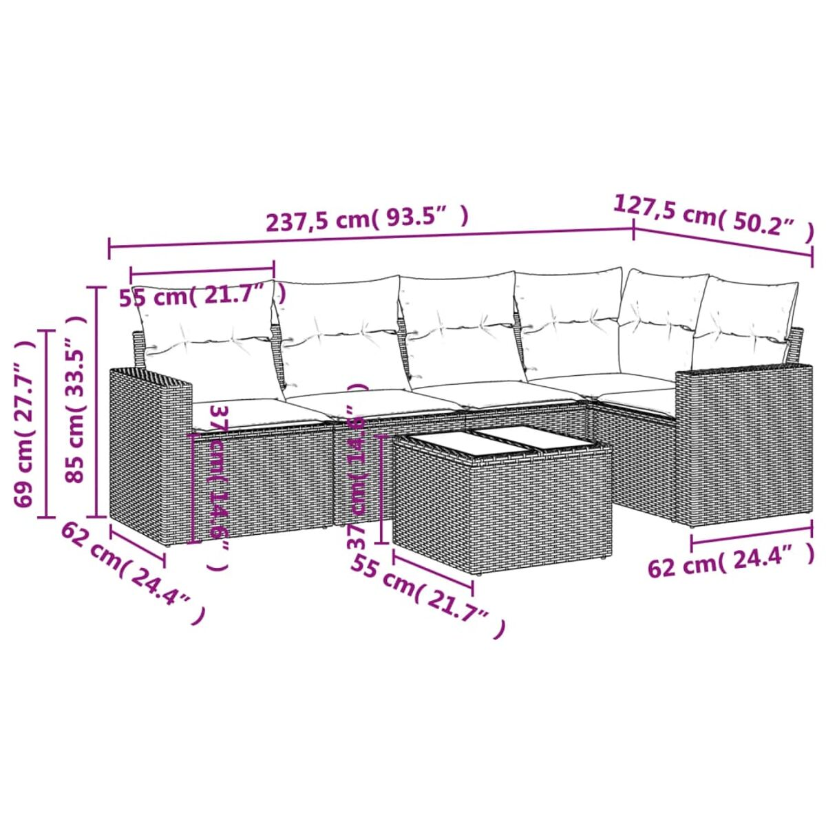 Diagramma di un divano componibile con dimensioni in centimetri e pollici, che mostra le dimensioni del divano.