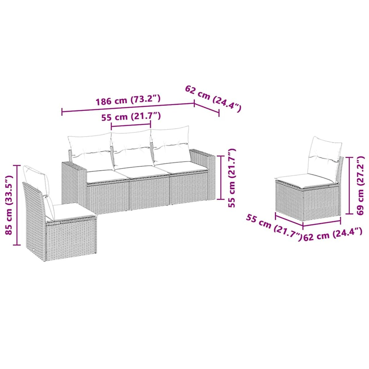 Set di sedute da esterno in rattan con dimensioni in cm e pollici. Sfondo bianco.