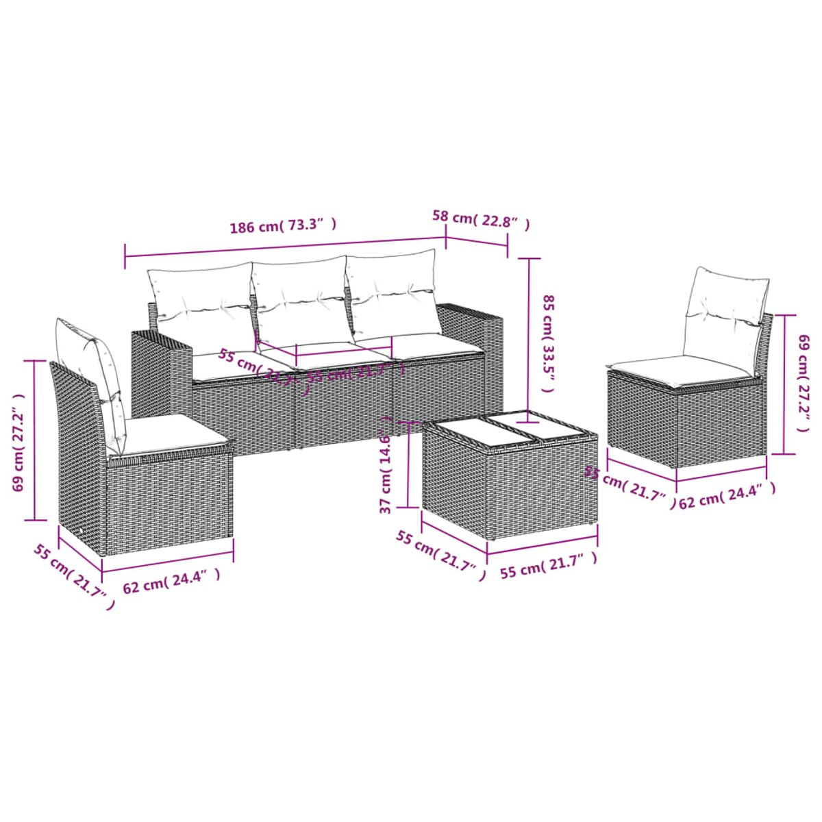Set divano in vimini: divano, due poltrone e un tavolino, con dimensioni su sfondo bianco.