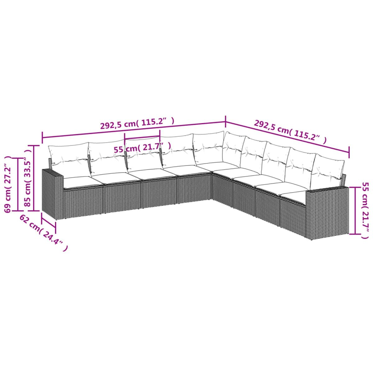 Outdoor-Korbsofa-Set mit Abmessungen. Weiße Kissen und Korbflechtrahmen. Inklusive Abmessungen.