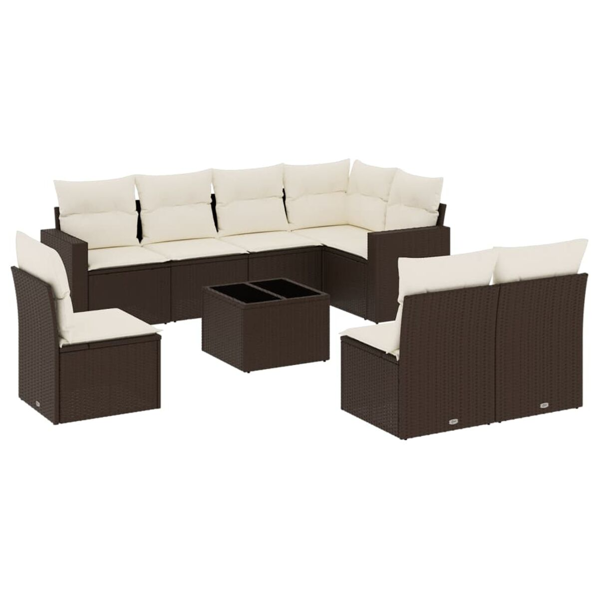 Set di mobili da esterno in vimini marrone. Include un divano angolare, due sedie e un tavolo.