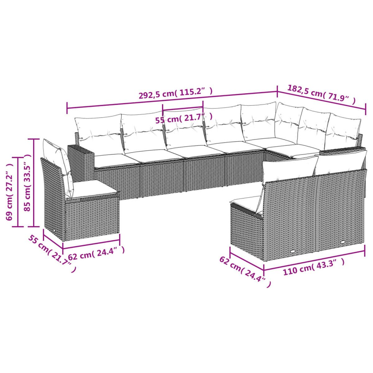 Geflochtenes Ecksofa mit Kissen. Abmessungen sind beschriftet. Weißer Hintergrund.