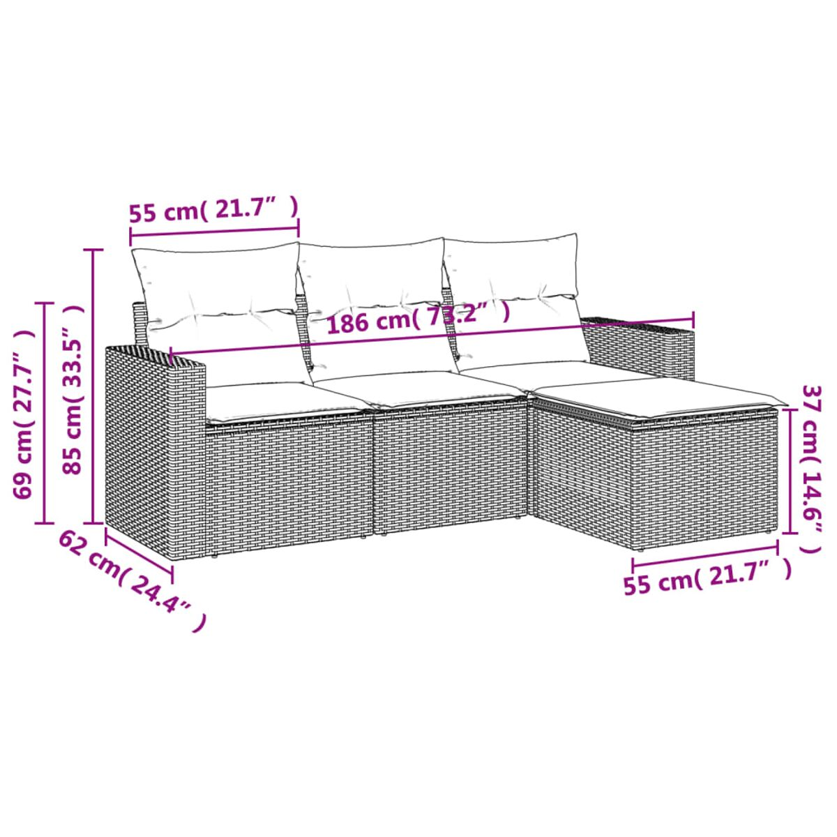 Diagramma di un divano componibile con dimensioni in centimetri e pollici, che mostra le dimensioni del divano.