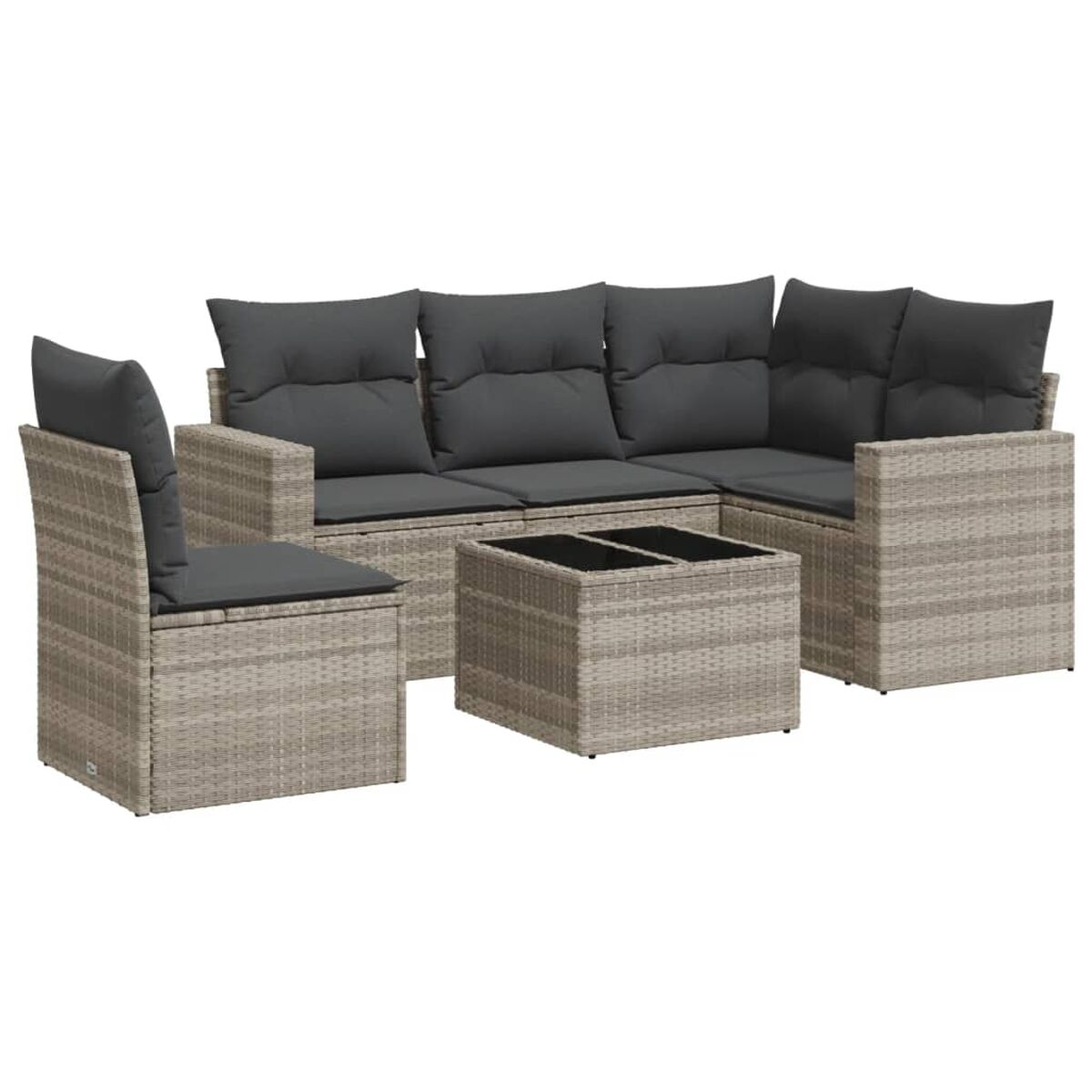 Set di mobili da patio in vimini, con divano, sedia e tavolino con cuscini grigio scuro.