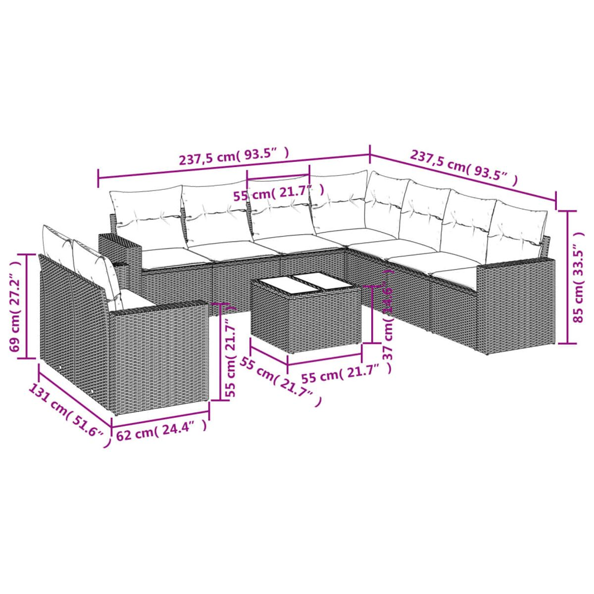 Set divani da esterno con dimensioni. Intreccio in vimini, cuscini color crema. Misure in cm.