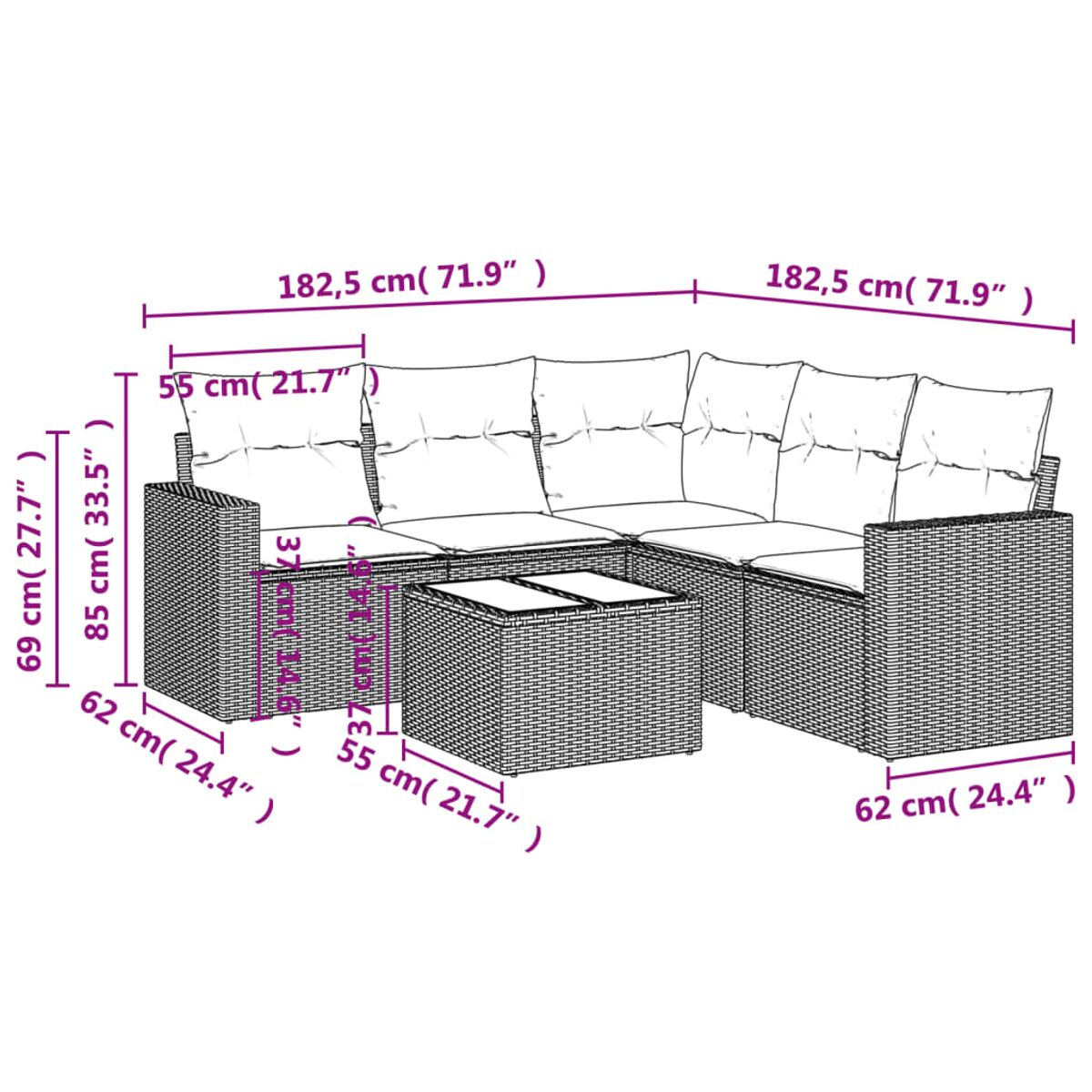 Diagramma di un divano angolare in rattan con dimensioni in centimetri e pollici.