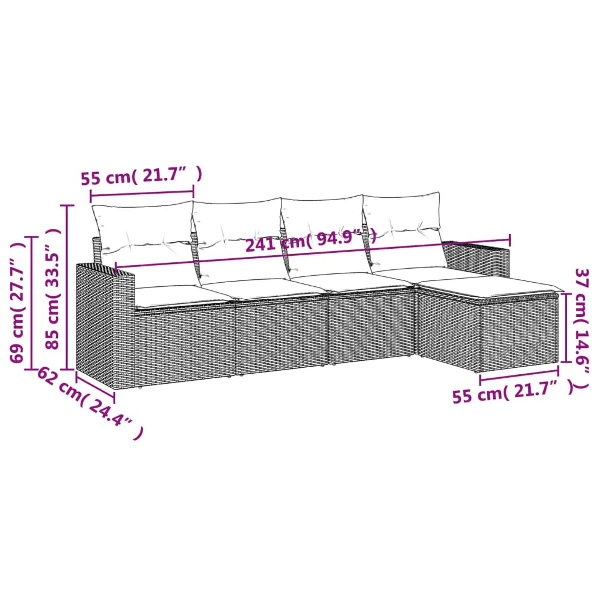 Diagramma di un divano angolare in rattan con dimensioni in cm e pollici.