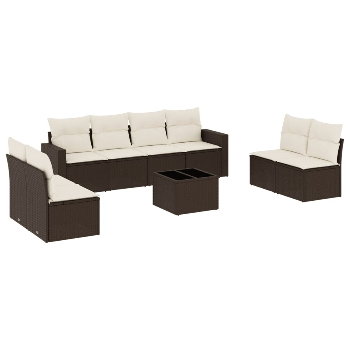 Un set di divani in vimini marrone con cuscini color crema e un tavolino, su sfondo bianco.