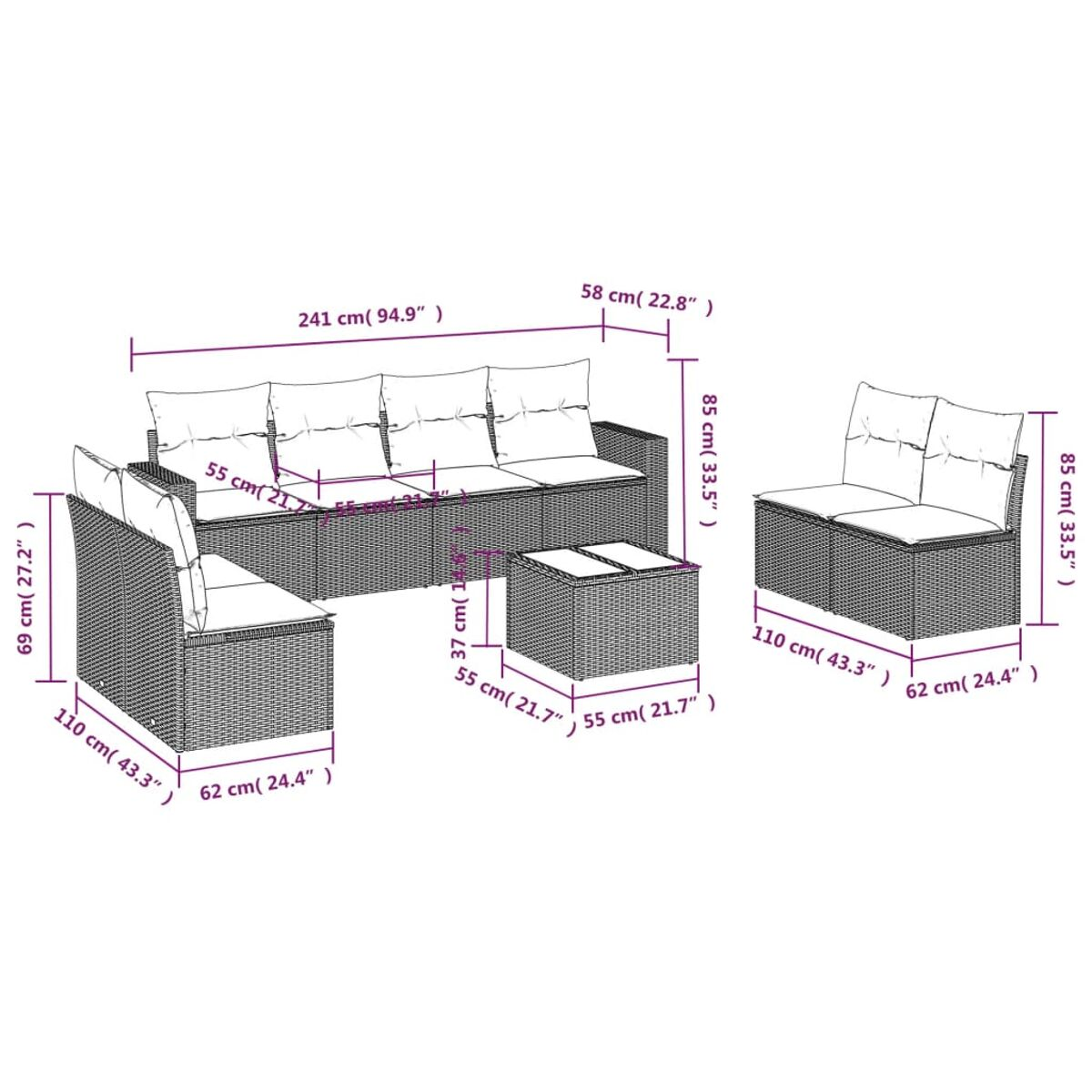 Diagramma di un set di divani con dimensioni. Sfondo bianco, misure dettagliate in cm e pollici.