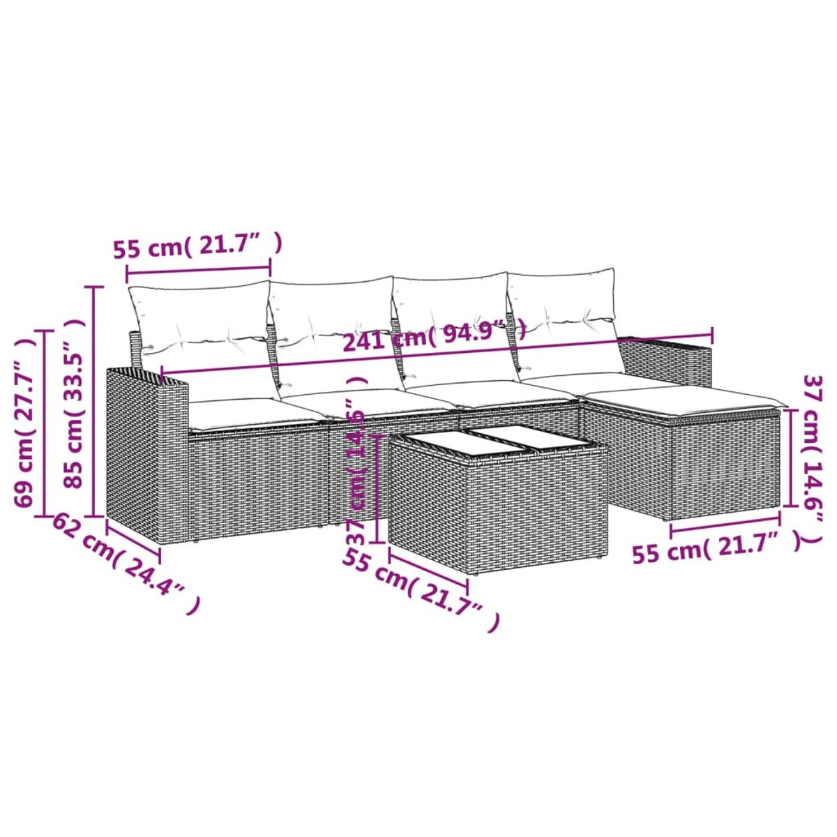 Diagramm eines Rattan-Outdoor-Sofas, eines Couchtisches und einer Fußstütze, Abmessungen in cm und Zoll.