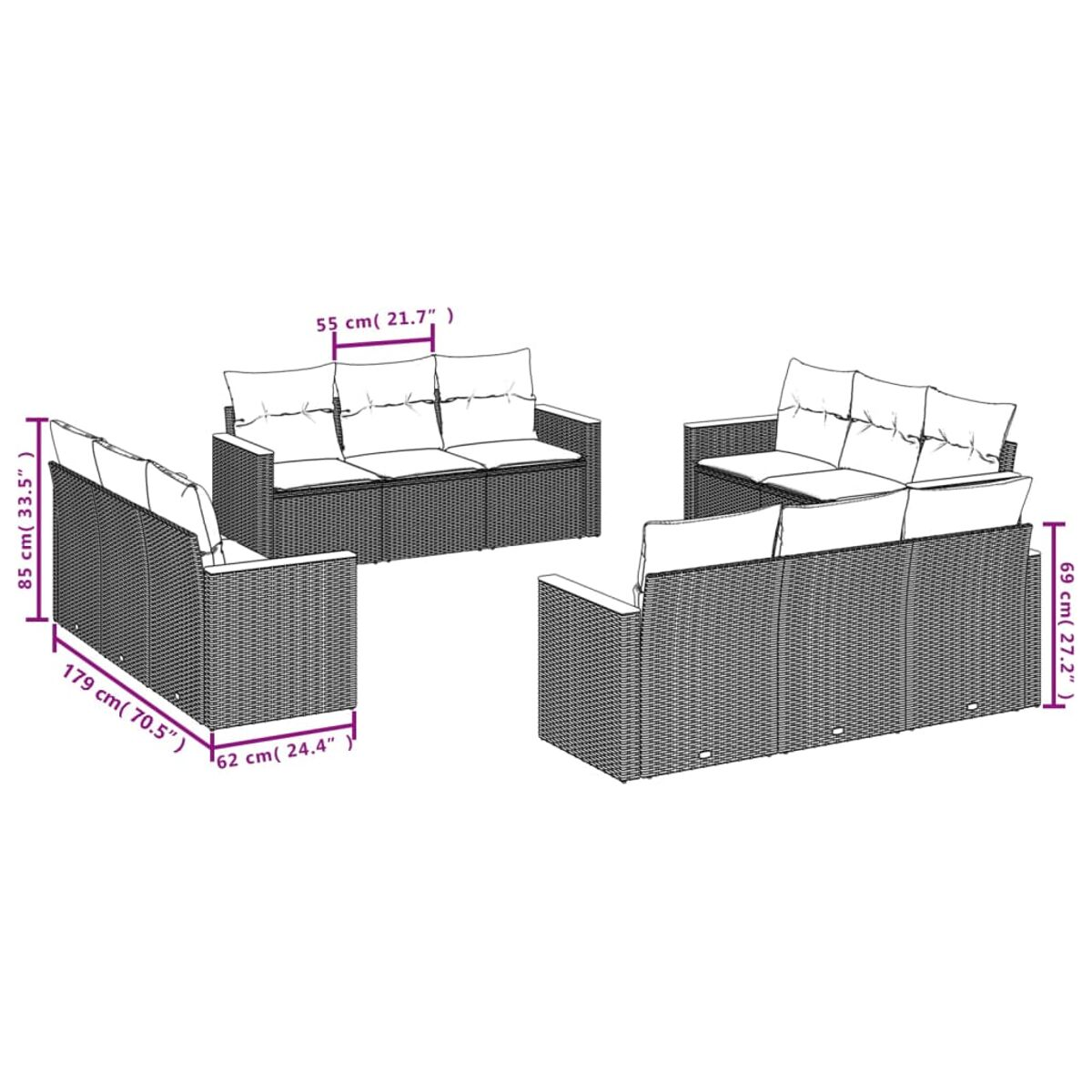 Diagramm mit Abmessungen von Outdoor-Rattansofas und -Stühlen mit weißen Kissen.