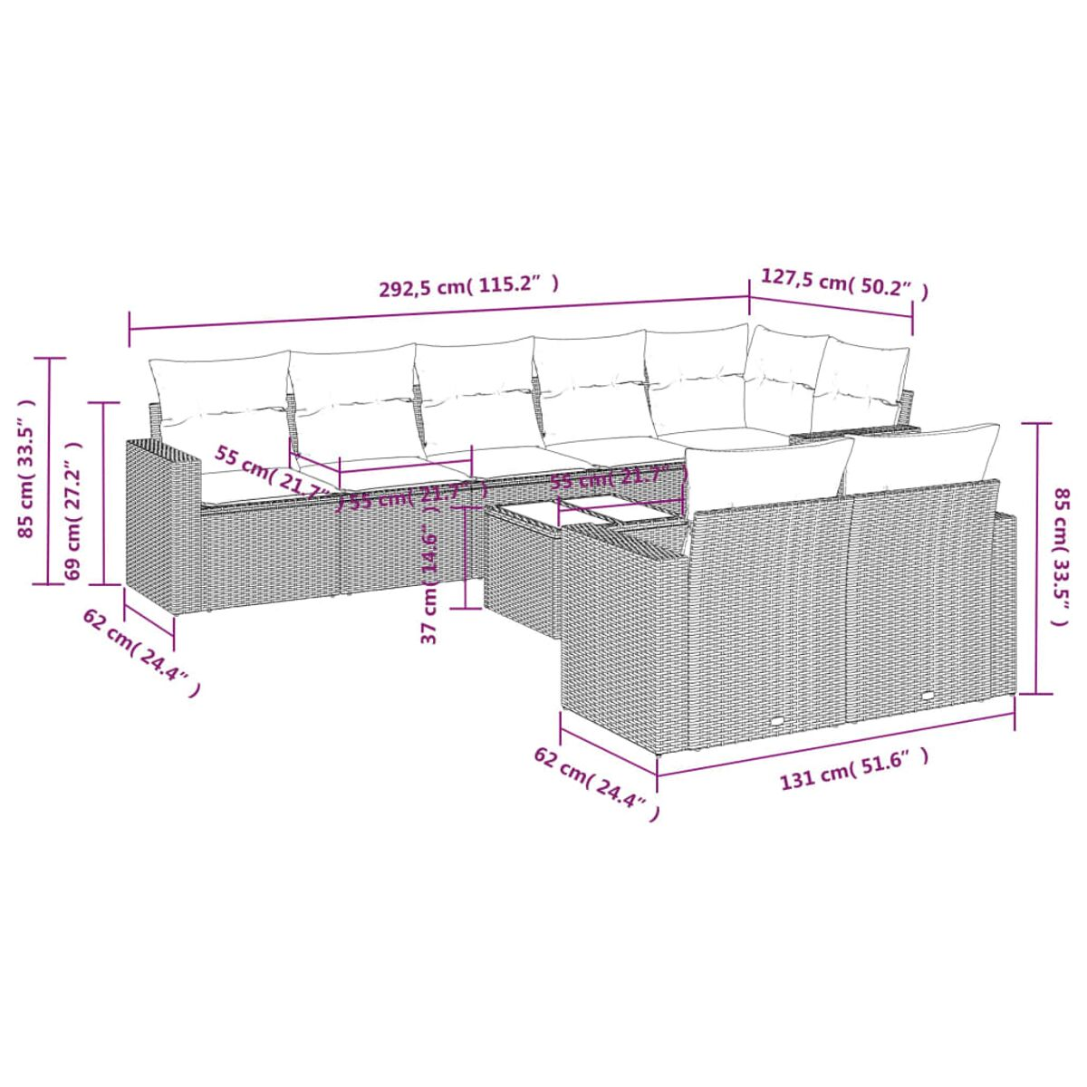 Großes Gartenmöbel-Set aus Weide mit Maßen. Enthält Ecksofa, Couchtisch und Sitzgelegenheiten.