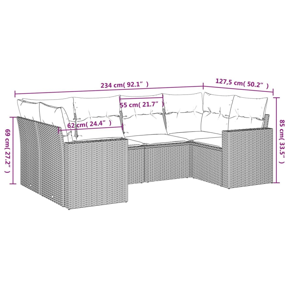 Diagramm eines U-förmigen Ecksofas aus Rattan mit Abmessungen in cm und Zoll.