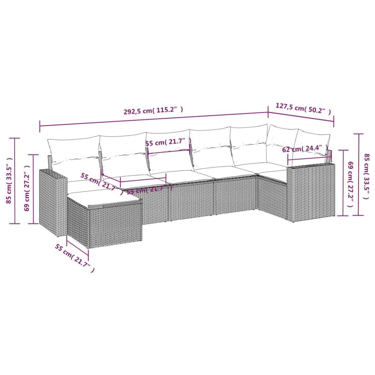 Diagramm eines Ecksofas mit Abmessungen in Zentimetern. Das Sofa ist hellgrau.