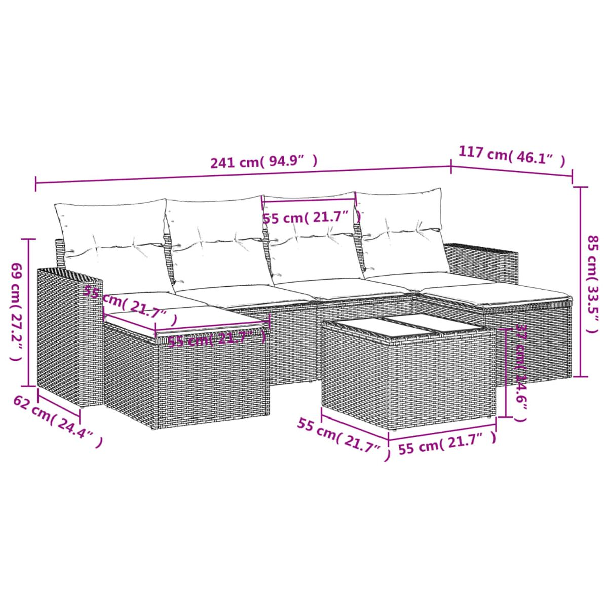 Diagramma di un divano componibile da esterno in vimini con dimensioni in centimetri. Sfondo bianco.