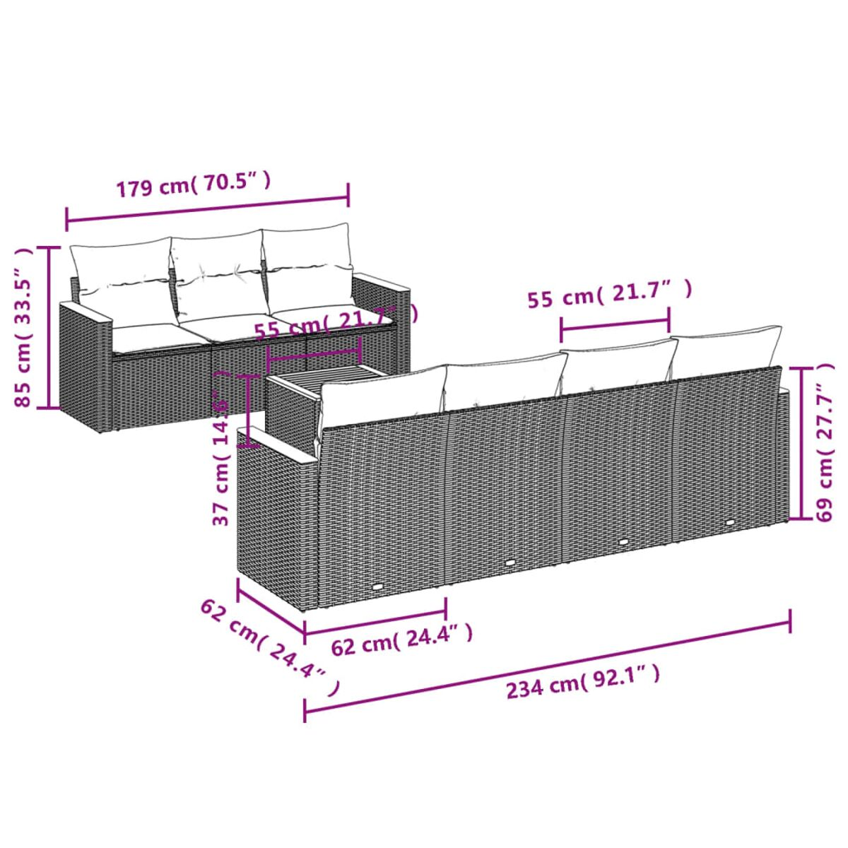 Detaillierte, dimensionale Zeichnung eines Rattan-Sofasets mit kleinem Tisch.