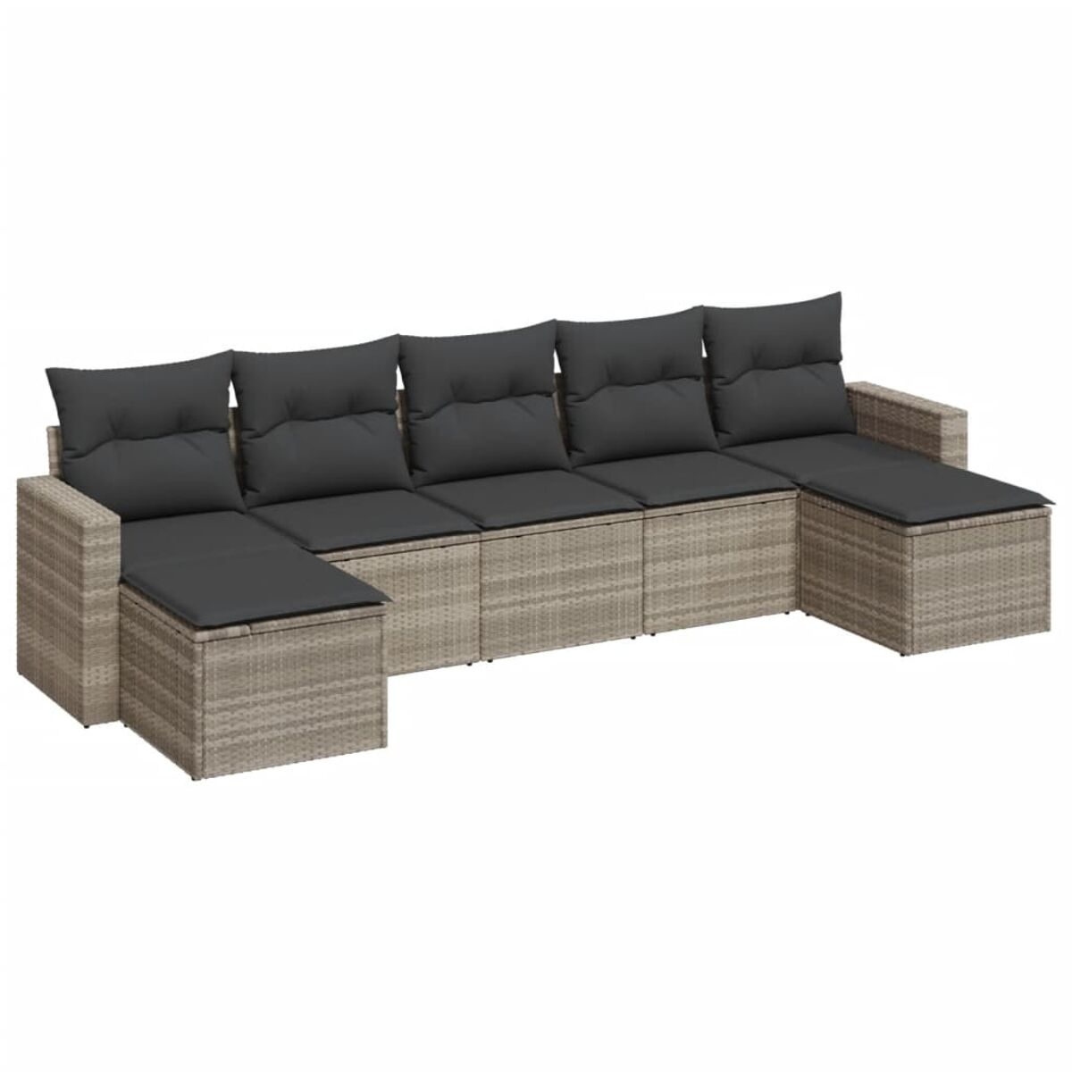 Divano angolare in vimini beige con cuscini grigi. Studio, vuoto. L'arredamento è vuoto.