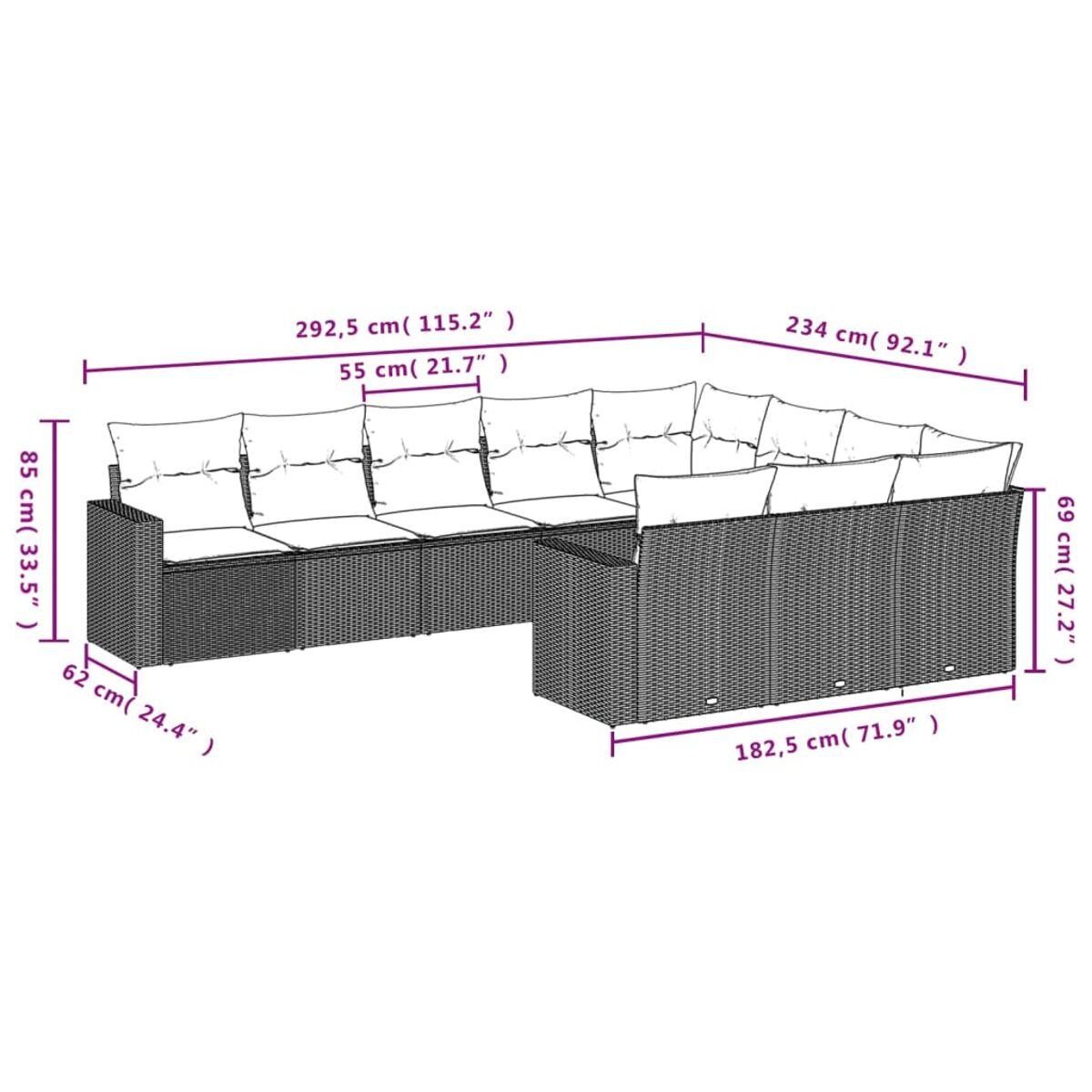 Diagramma di un grande divano angolare con dimensioni in cm e pollici. Mostra le dimensioni.