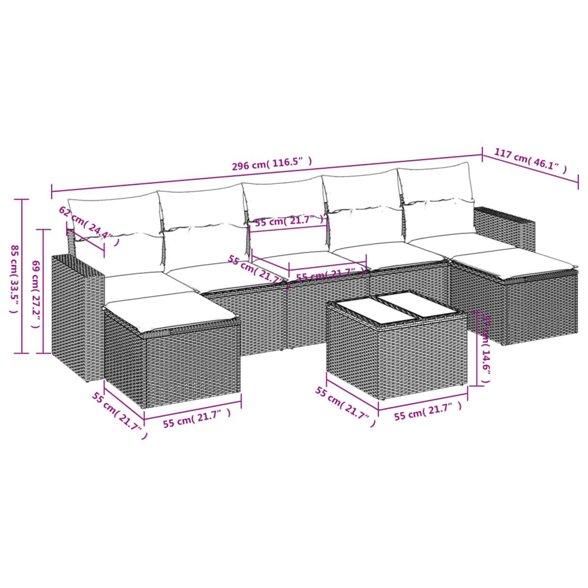 Set divano in vimini con cuscini color crema. Dimensioni indicate.