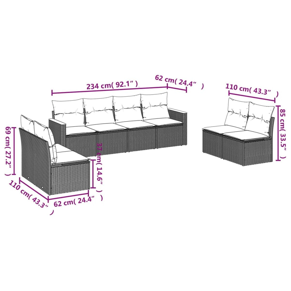 Geflochtenes Outdoor-Sofaset mit Maßen, wie im Bild gezeigt.