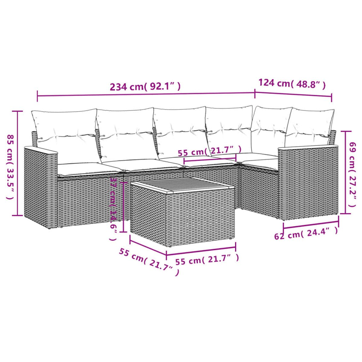 Geflochtenes Terrassenmöbelset mit Maßen. Enthält Sofa und Tisch.