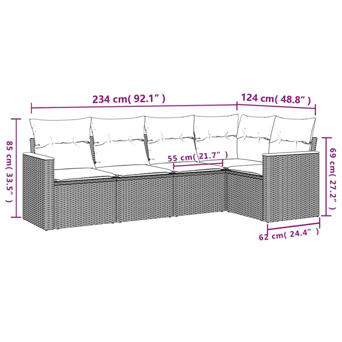 Diagramm eines U-förmigen Rattan-Sofas mit beschrifteten Abmessungen in Zentimetern und Zoll.