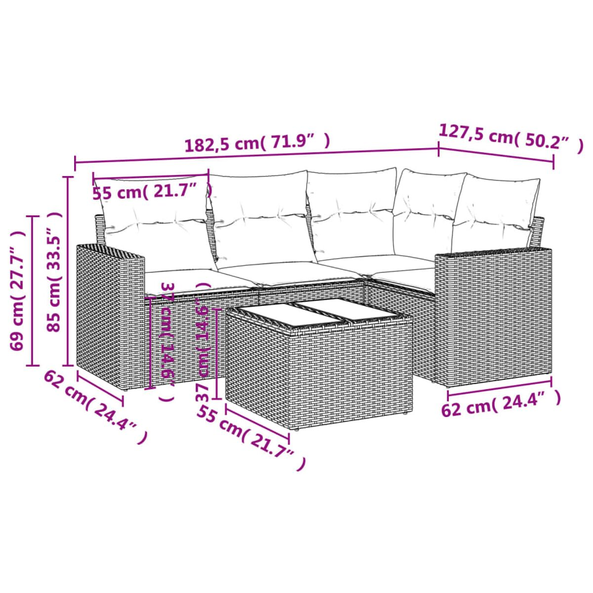 Diagramm einer Rattan-Sofagarnitur mit Abmessungen in cm und Zoll, weiße Kissen und Couchtisch.