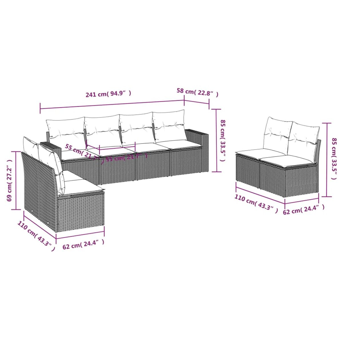 Diagramm eines Ecksofas im Freien und eines separaten Sitzes, Abmessungen in cm und Zoll, mit Kissen.