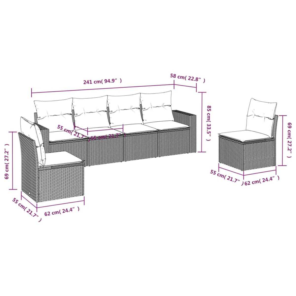 Diagramm eines Outdoor-Ecksofas mit Abmessungen in Zentimetern.