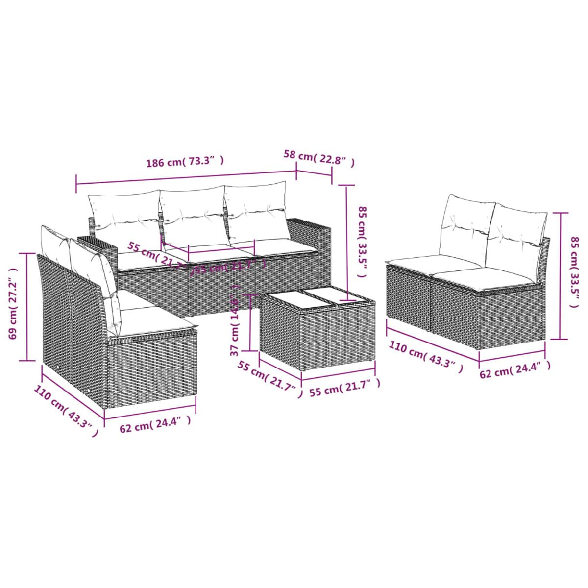 Diagramm eines Korbmöbelsets mit Maßangaben in Zentimetern und Zoll.