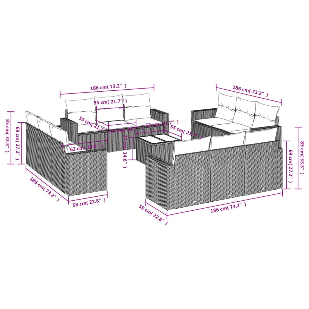 Diagramm eines Outdoor-Sofasets mit Abmessungen in Zentimetern und Zoll.