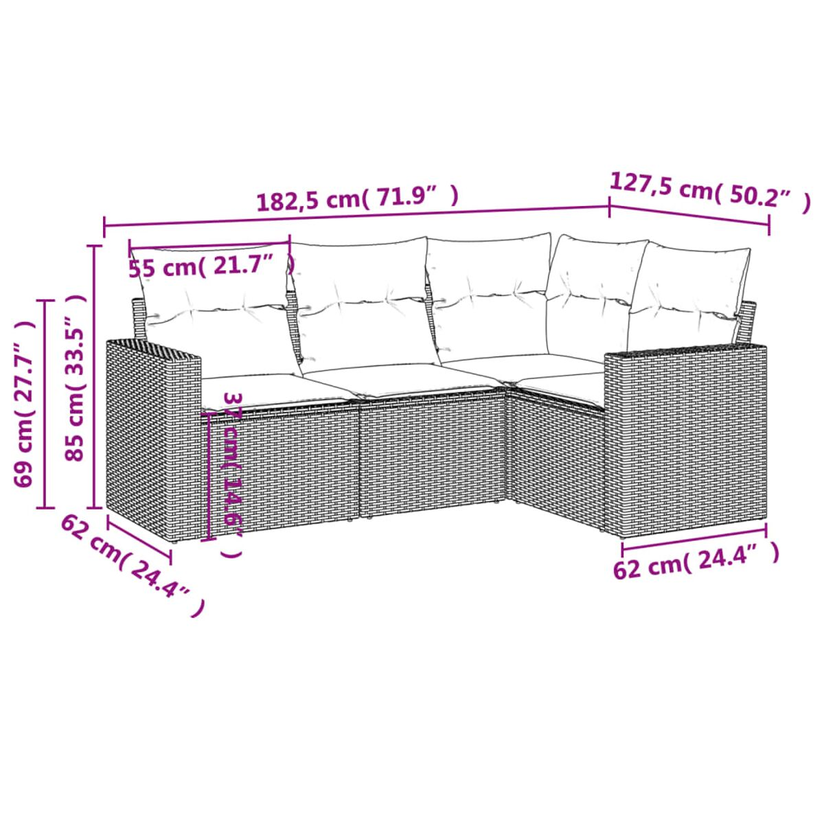 Diagramm mit Abmessungen eines Rattan-Outdoor-Ecksofas mit weißen Kissen.