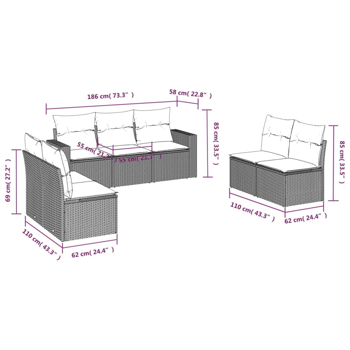 Diagramm eines Rattan-Sofasets mit Abmessungen in cm und Zoll.