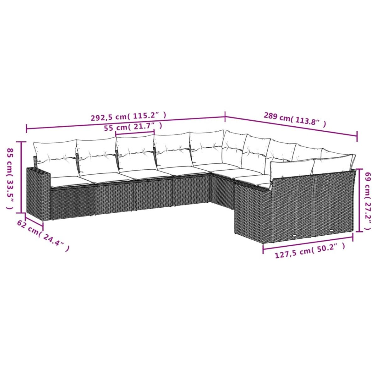 Diagramm eines Ecksofas mit Abmessungen in Zentimetern und Zoll, das die Größe des Sofas zeigt.