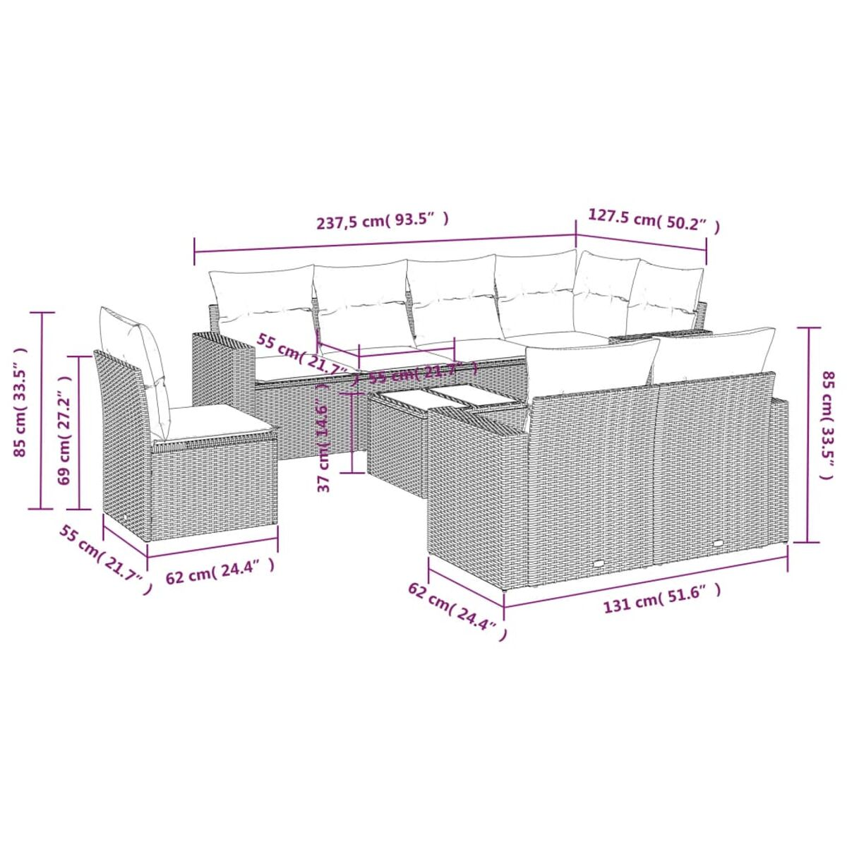 Schema di un set di divani in rattan con misure. Include una sedia e un tavolino.